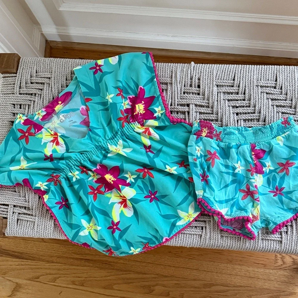 Tropical Floral Coverup Outfit Set 18M Teal Pink Matching Shorts Set Summer